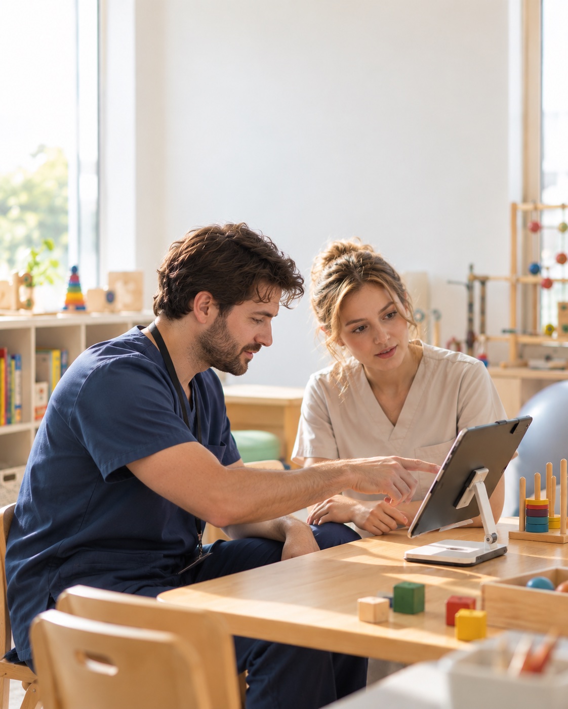 Illustrative scene of two professionals reviewing a tablet in a therapy room